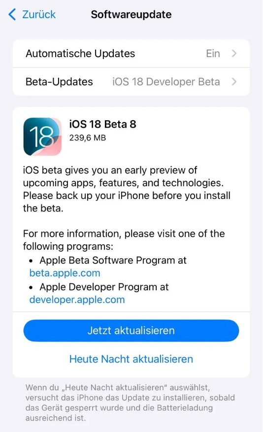 谢家集苹果手机维修分享苹果 iOS / iPadOS 18 开发者预览版 Beta 8 发布 